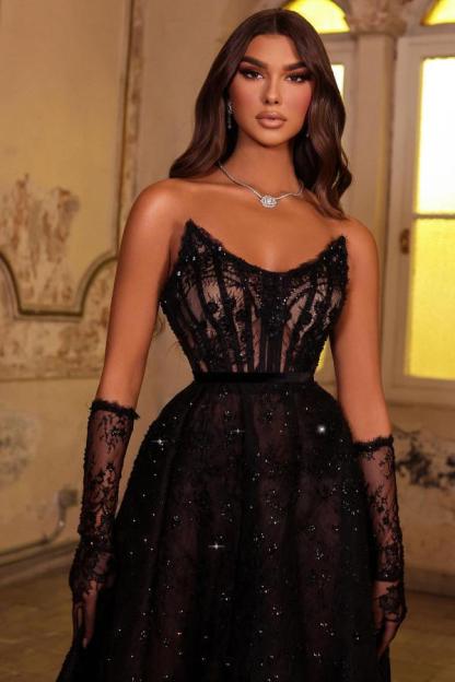 Strapless Black Lace Beads A Line Floor Length Prom Dress with Gloves