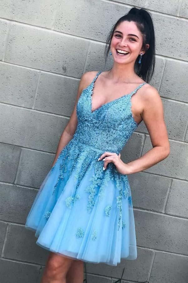 Short A-line V-neck Spaghetti Straps Appliques Lace Tulle Homecoming Dress - CoCosBride