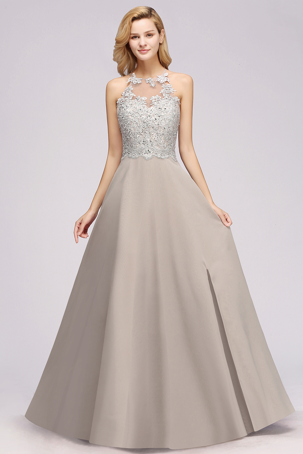 Exquisite Long A-line Lace Sleeveless Side Slit Bridesmaid Dress