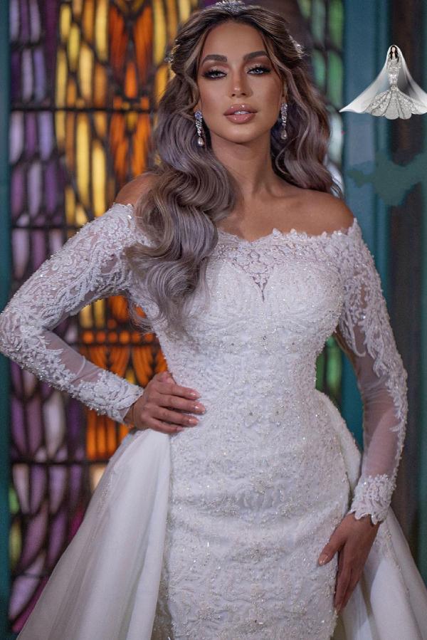 Long Sleeves Mermaid Off the Shoulder Wedding Dresses With Detachable Train