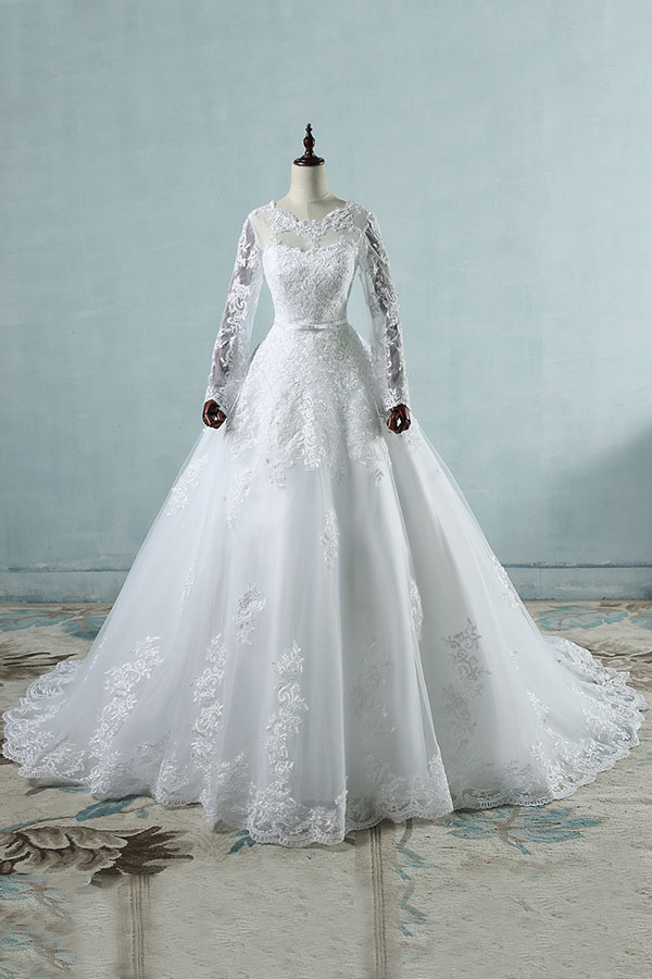 Long Sleeve Appliques Lace Tulle A-line Wedding Dress