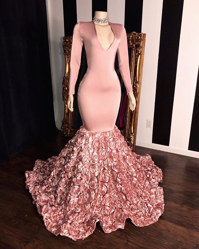 Pink Long Sleeves Flowers Mermaid Prom Gowns | 2021 Elegant V-Neck Evening Dress
