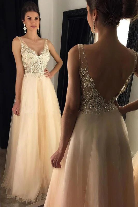 Stunning Deep V-neck Floral A-Line Tulle Backless Prom Dress With Crystal