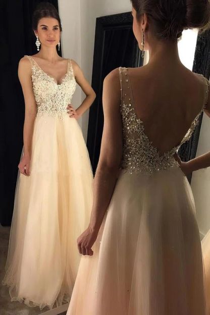Stunning Deep V-neck Floral A-Line Tulle Backless Prom Dress With Crystal