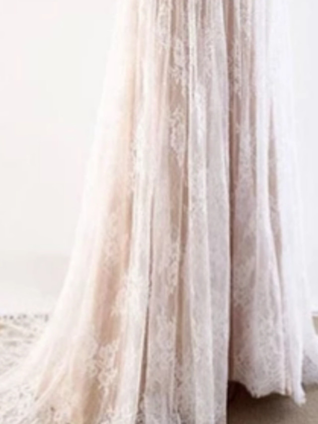 Long A-Line V Neck Tulle Lace Wedding Dresses with Short Sleeve