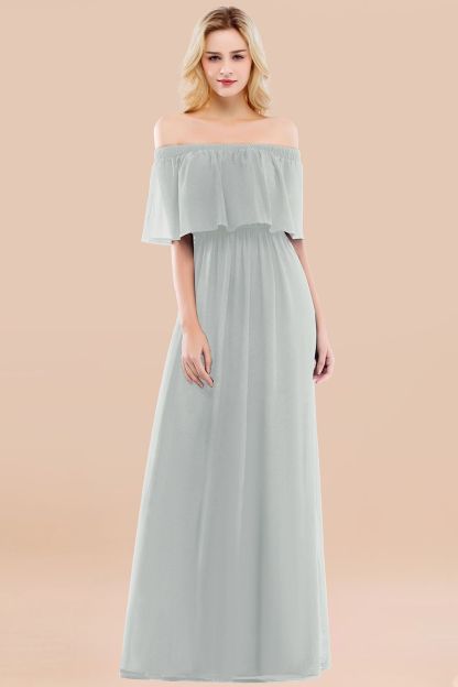 A-line Chiffon Off-the-Shoulder Short-Sleeves Ruffles Floor-length Bridesmaid Dress