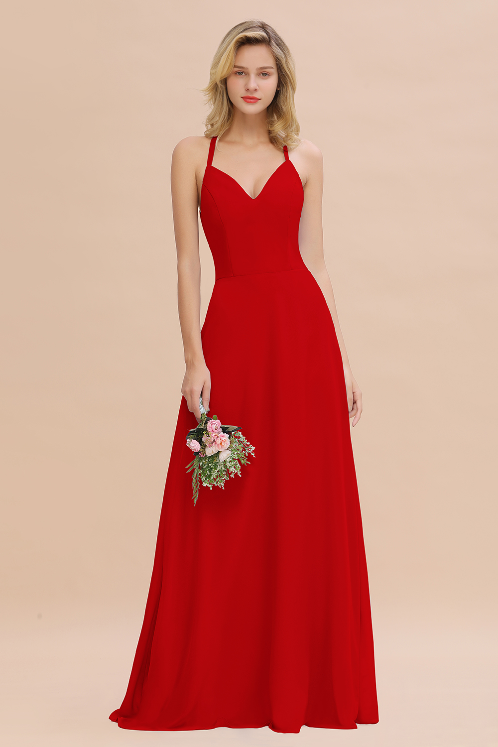 Stylish Chiffon Spaghetti Straps Sleeveless Long Bridesmaid Dress