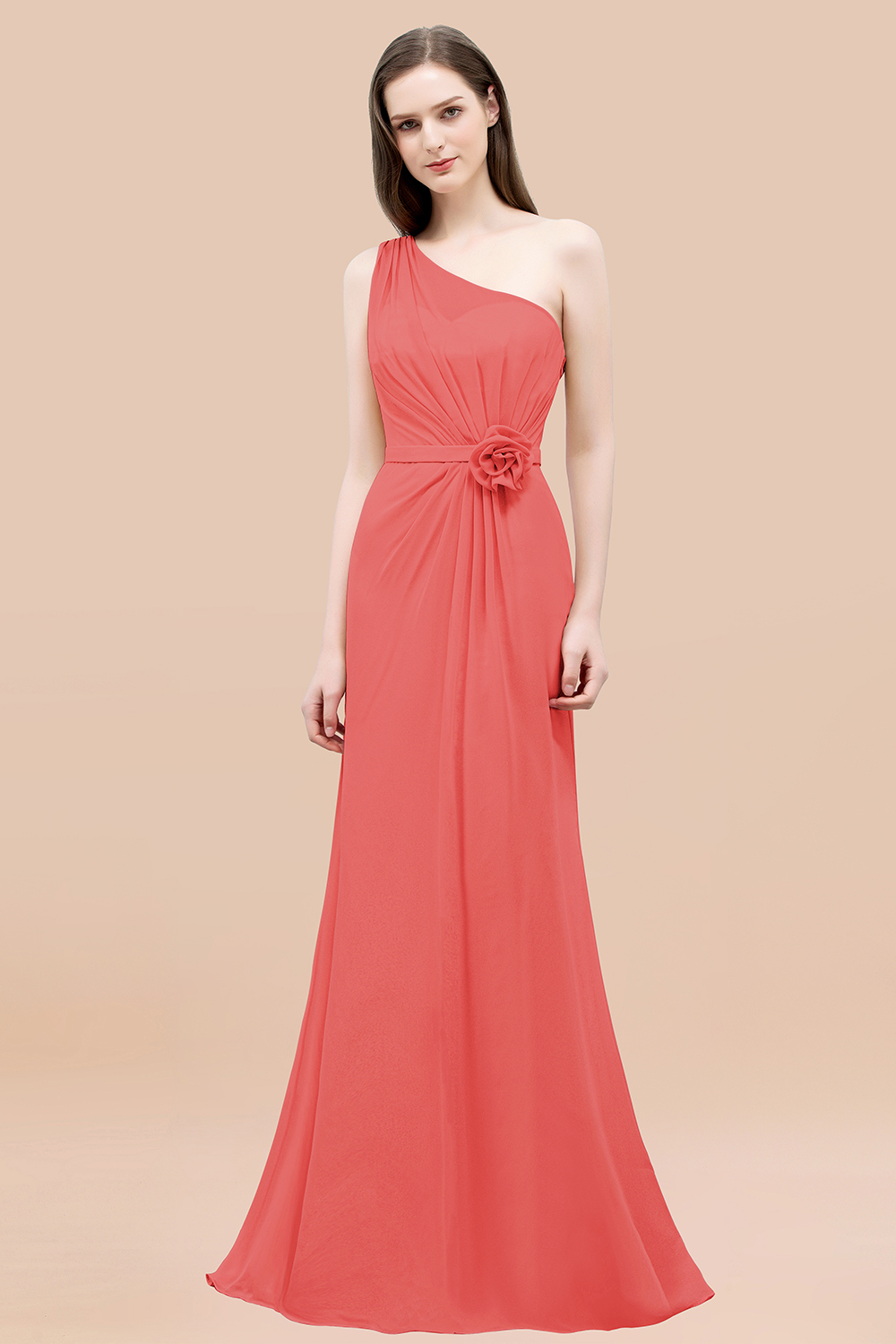 Mermaid Chiffon One-shoulder Sleeveless Ruffled Floor-Length Bridesmaid Dresses with Flower