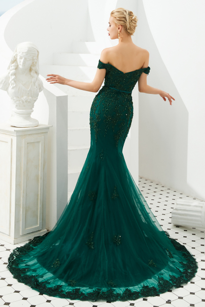 Elegant Dark Green Long Mermaid Off-the-shoulder Tulle Lace Formal Evening Dresses