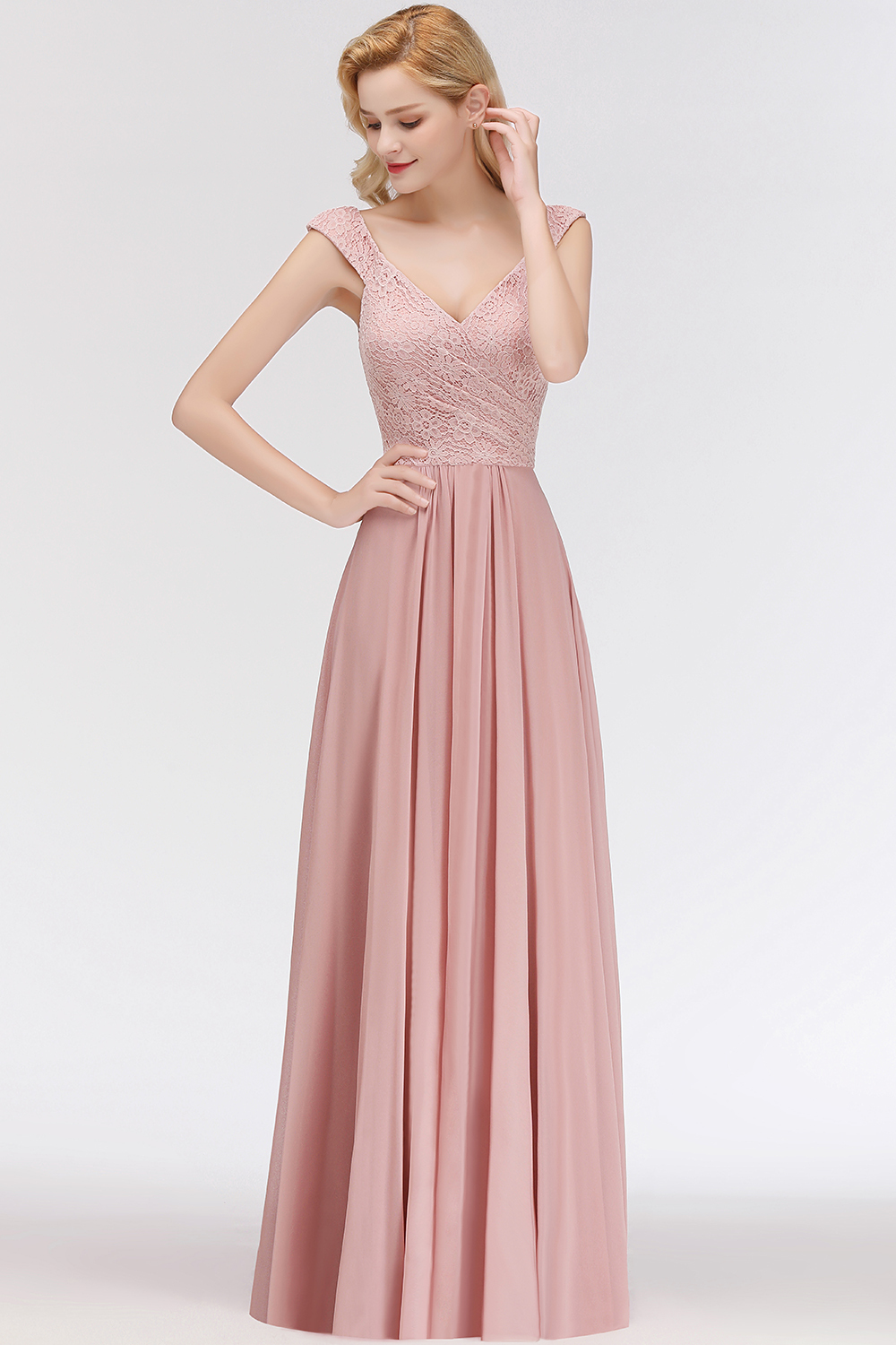 A-line Long V-neck Sleeveless Lace Chiffon Bridesmaid Dresses