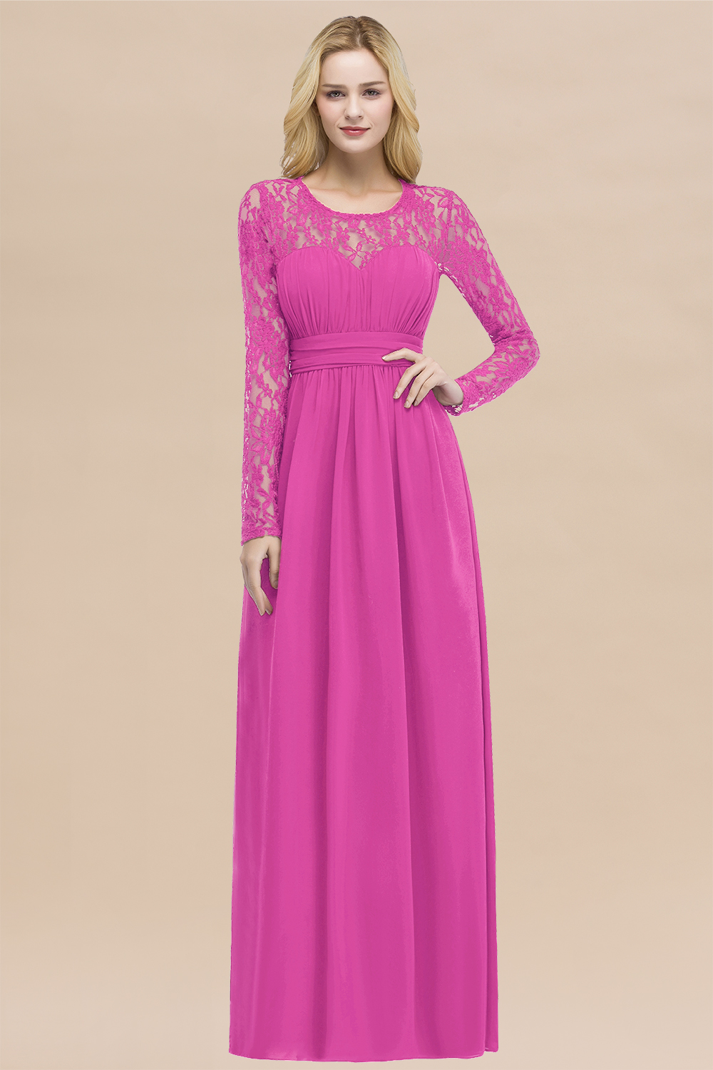 Elegant A-Line Chiffon Jewel Long Sleeves Ruffles Floor-Length Bridesmaid Dresses