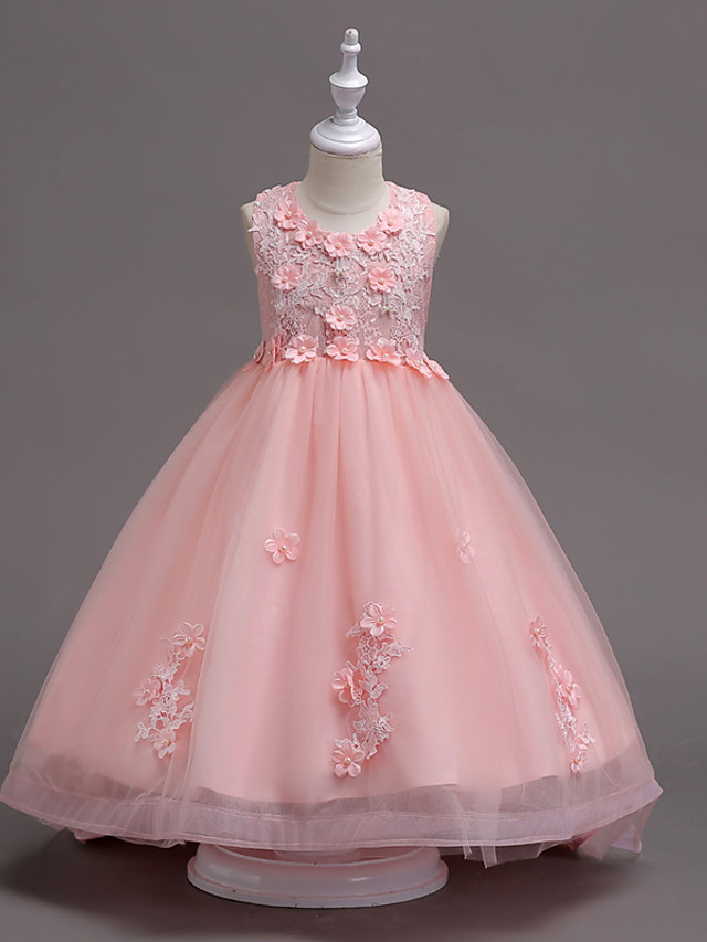 White Ball Gown Knee Length Tulle Appliques Lace Flower Girl Dress