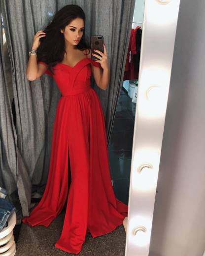 Modern Off-the-shoulder Spaghetti Straps A-Line Ruffles Prom Dress With Side Slit