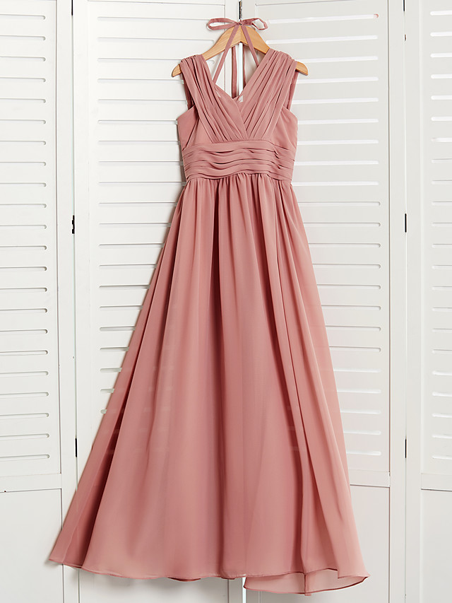 Long A-Line V Neck Chiffon Junior Bridesmaid Dress