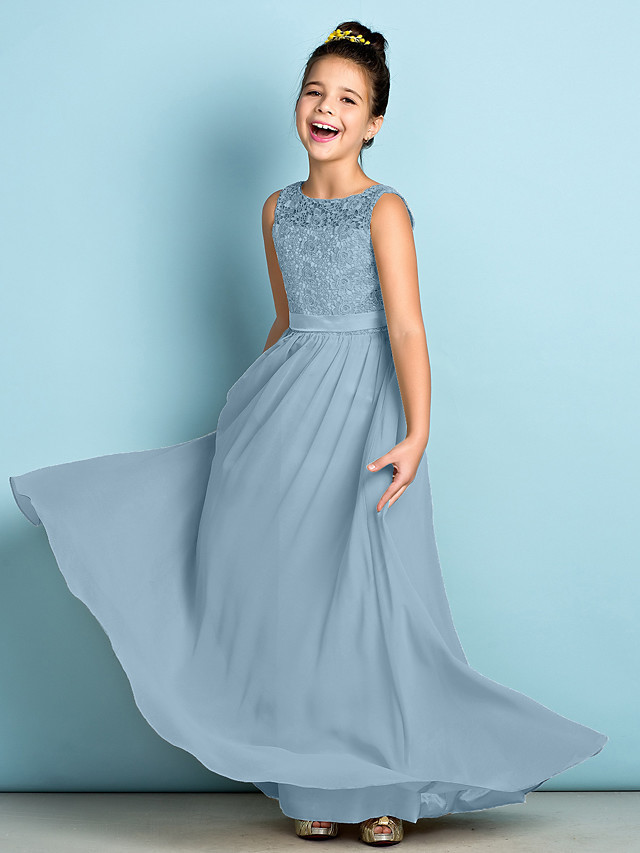 A-Line Scoop Neck Floor Length Chiffon / Lace Junior Bridesmaid Dress With Lace / Natural / Mini Me