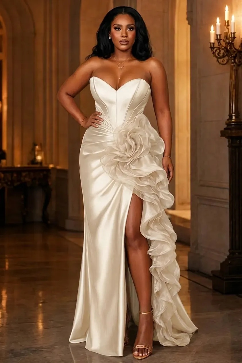 Ivory Strapless Sweetheart Mermaid Wedding Dress with Ruffle Slit