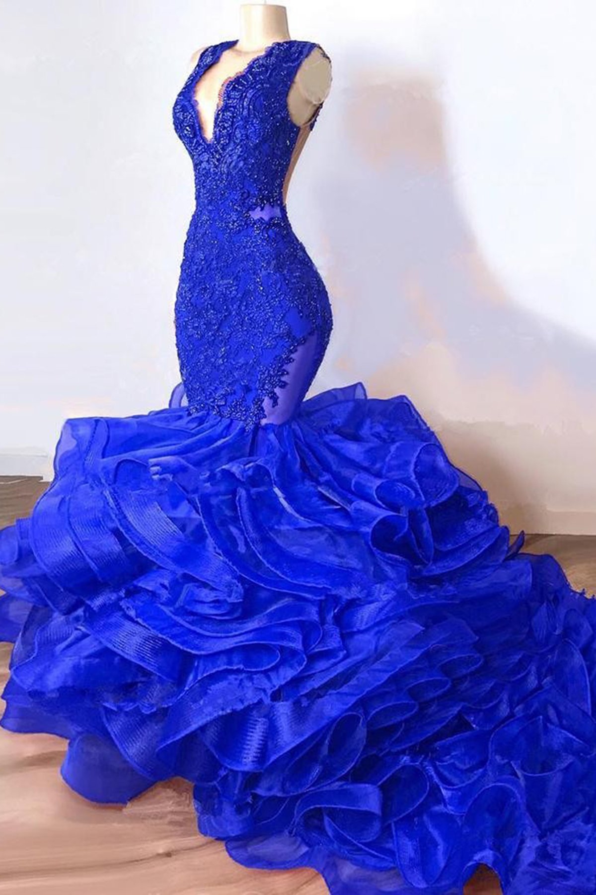 Royal Blue Mermaid Long Ruffles Prom Dresses