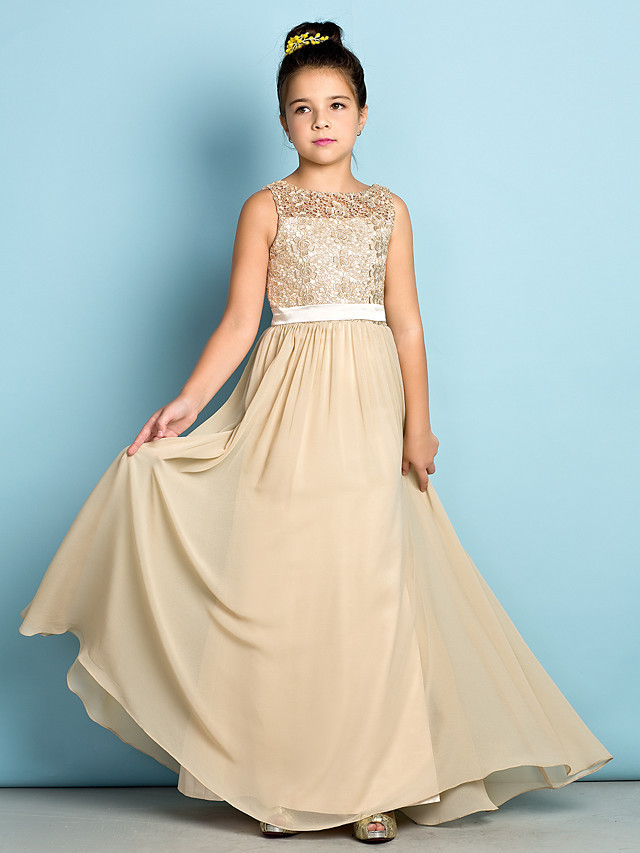 A-Line Scoop Neck Floor Length Chiffon / Lace Junior Bridesmaid Dress With Lace / Natural / Mini Me