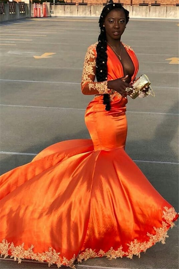 Elegant Orange Long Mermaid V-neck Appliques Satin Prom Dress with Sleeves