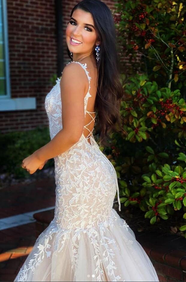 Classy Spaghetti Straps Backless Appliques Lace Floor-length Tulle Ruffles Mermaid Prom Dress