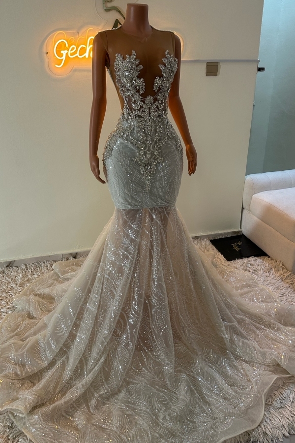 Mermaid Long Appliques White Prom Dress Rhinestones and Beads