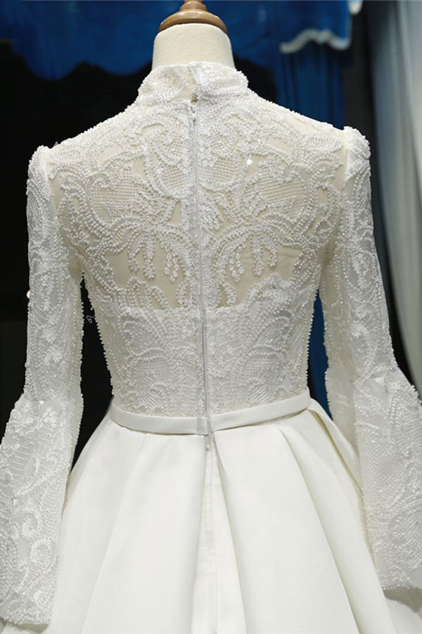 Elegant High Neck Long Sleeves Ball Gown Satin Wedding Dresses