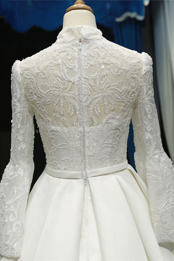 Elegant High Neck Long Sleeves Ball Gown Satin Wedding Dresses