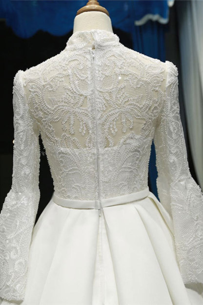 Elegant High Neck Long Sleeves Ball Gown Satin Wedding Dresses