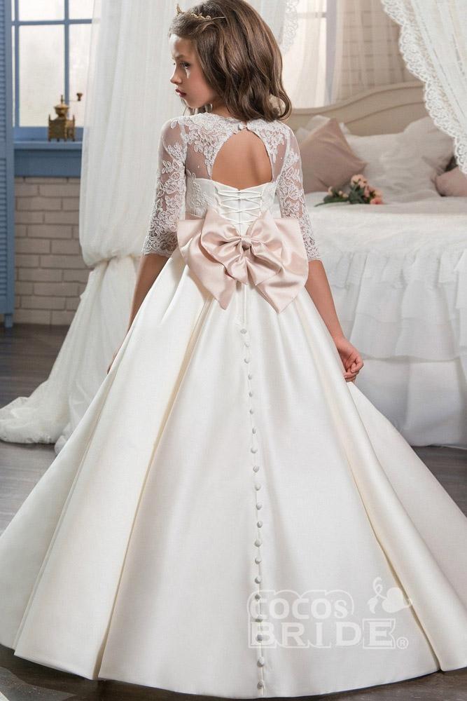 Ivory Scoop Neck Long Sleeves Ball Gown Flower Girls Dress