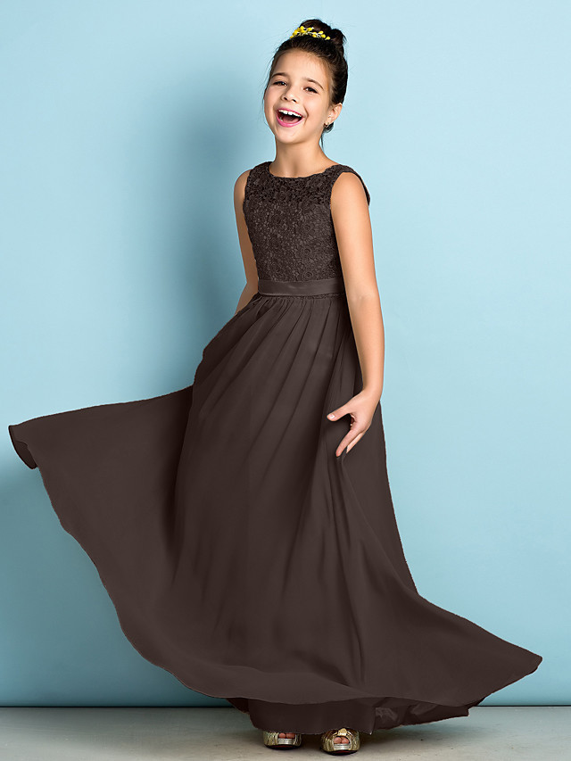 A-Line Scoop Neck Floor Length Chiffon / Lace Junior Bridesmaid Dress With Lace / Natural / Mini Me
