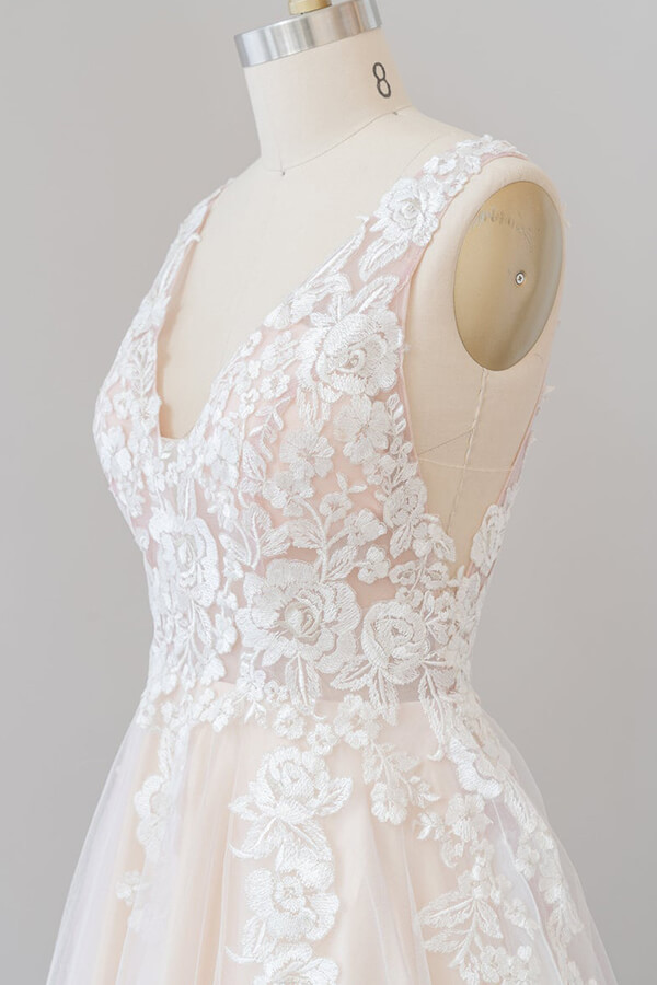Long A-line V-neck Appliques Lace Tulle Floor length Wedding Dress