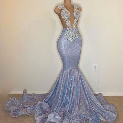 Shiny Bateau Sequins Floor-length Ruffles Mermaid Prom Dress With Appliques