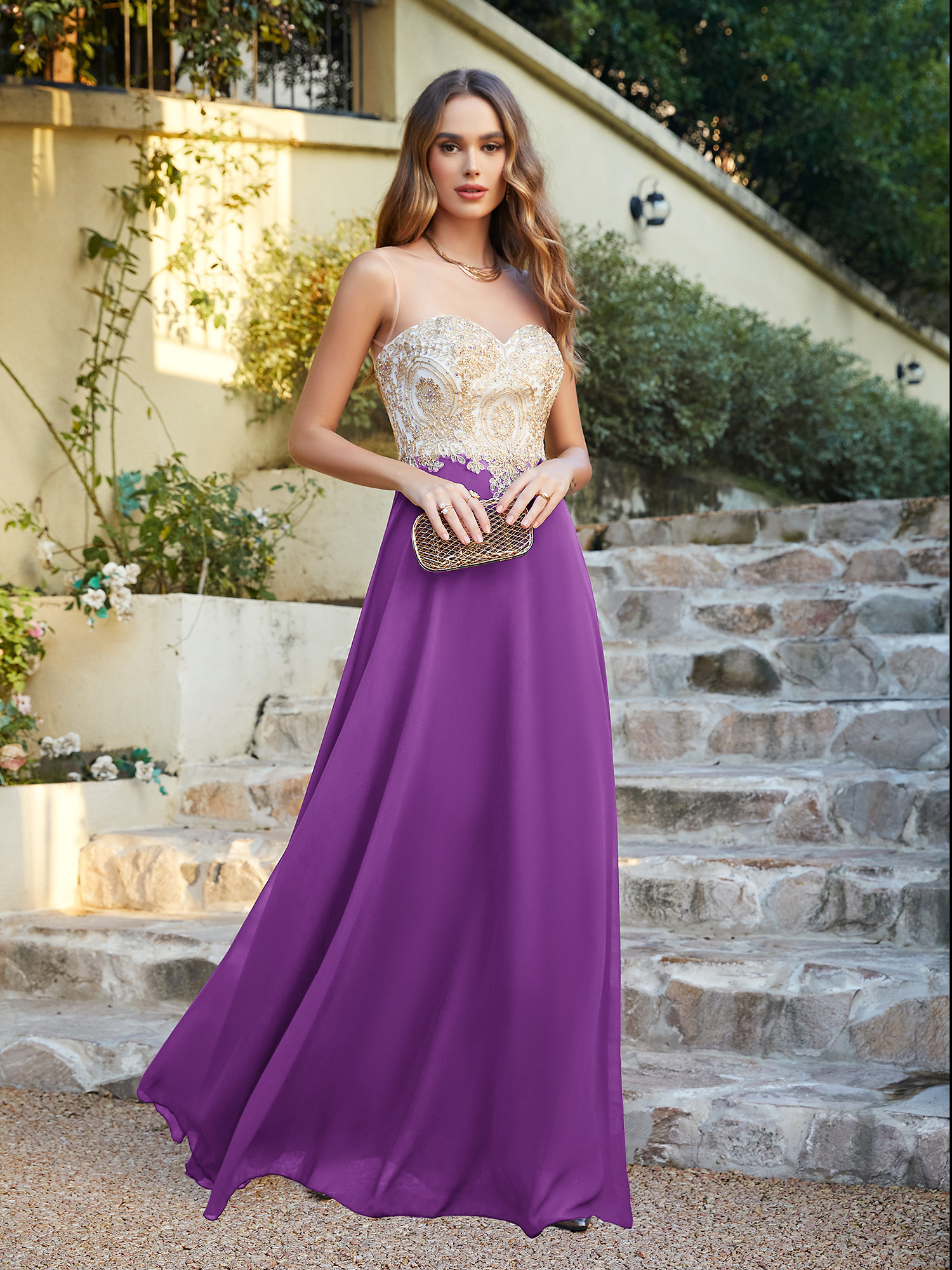Elegant Long A-line Chiffon Sleeveless Tulle Lace Appliques Prom Dress