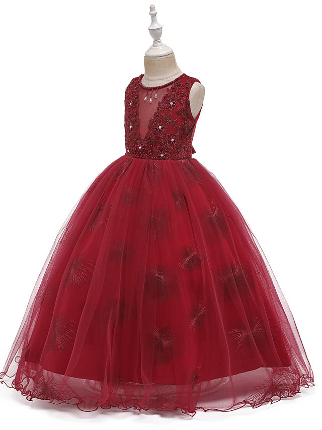 A-Line Medium Length Wedding / Party / First Communion Flower Girl Dresses - Tulle / Matte Satin / Poly&Cotton Blend Sleeveless Jewel Neck With Lace / Beading / Solid
