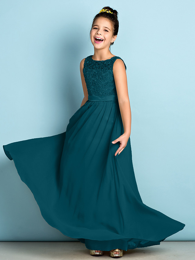 A-Line Scoop Neck Floor Length Chiffon / Lace Junior Bridesmaid Dress With Lace / Natural / Mini Me