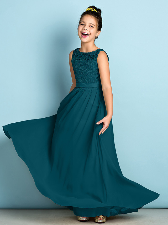 A-Line Scoop Neck Floor Length Chiffon / Lace Junior Bridesmaid Dress With Lace / Natural / Mini Me
