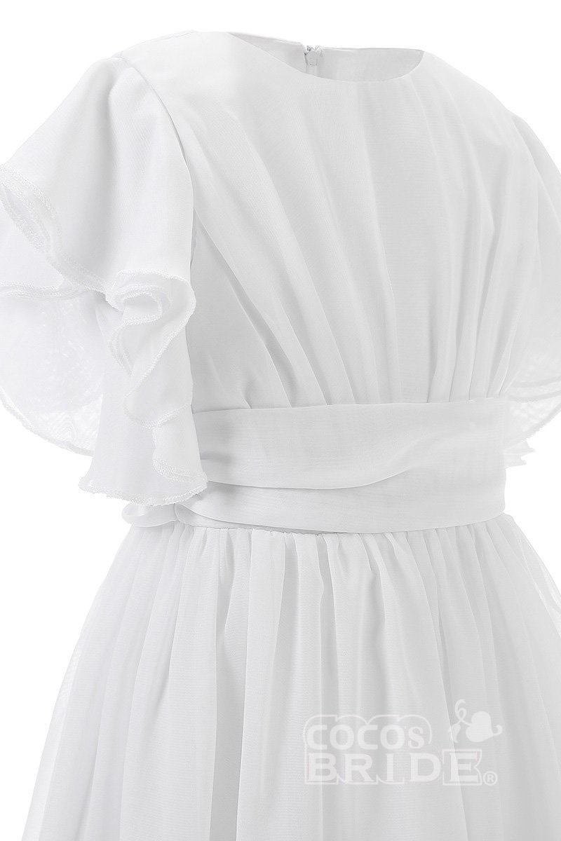 White Scoop Neck Short Sleeves Dress Flower Girls Dress