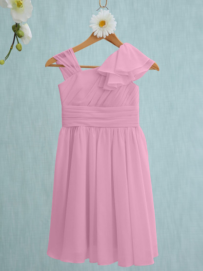 Sheath / Column Straps Knee Length Chiffon Junior Bridesmaid Dress With Ruffles / Side Draping / Natural