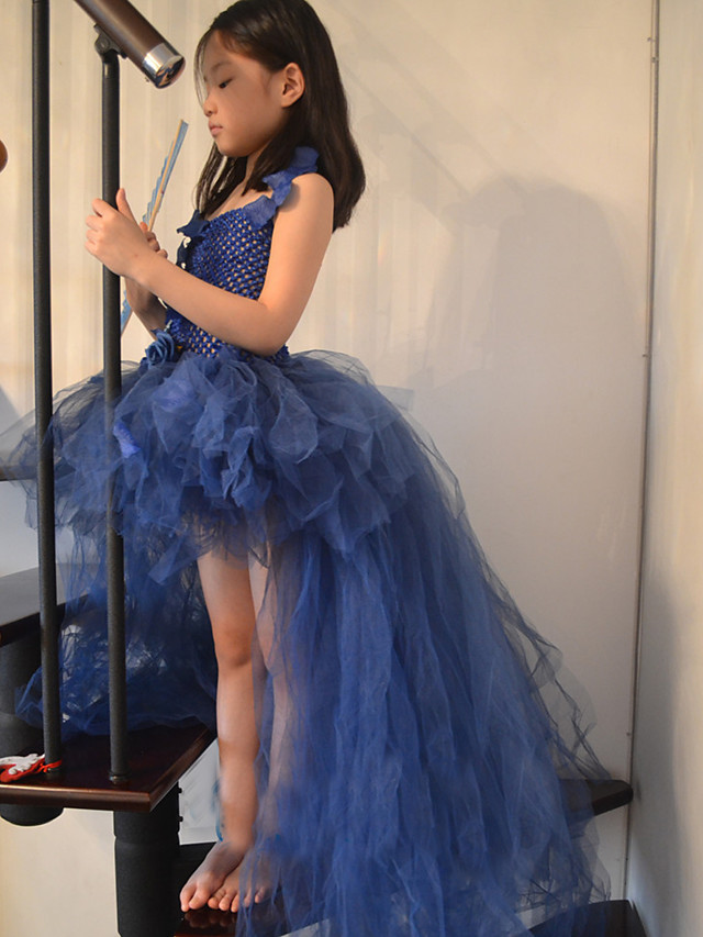 Ball Gown Asymmetrical Pageant Flower Girl Dresses - Tulle / Stretch Satin / Polyester Sleeveless One Shoulder With Flower