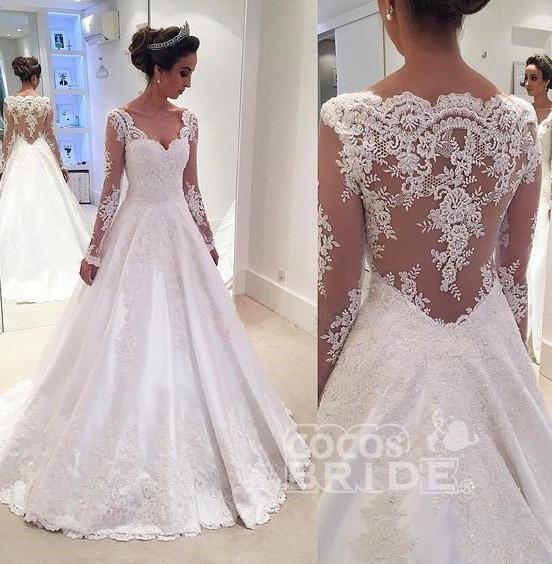 Elegant Long A-line V Neck Tulle Lace Wedding Dress with Sleeves