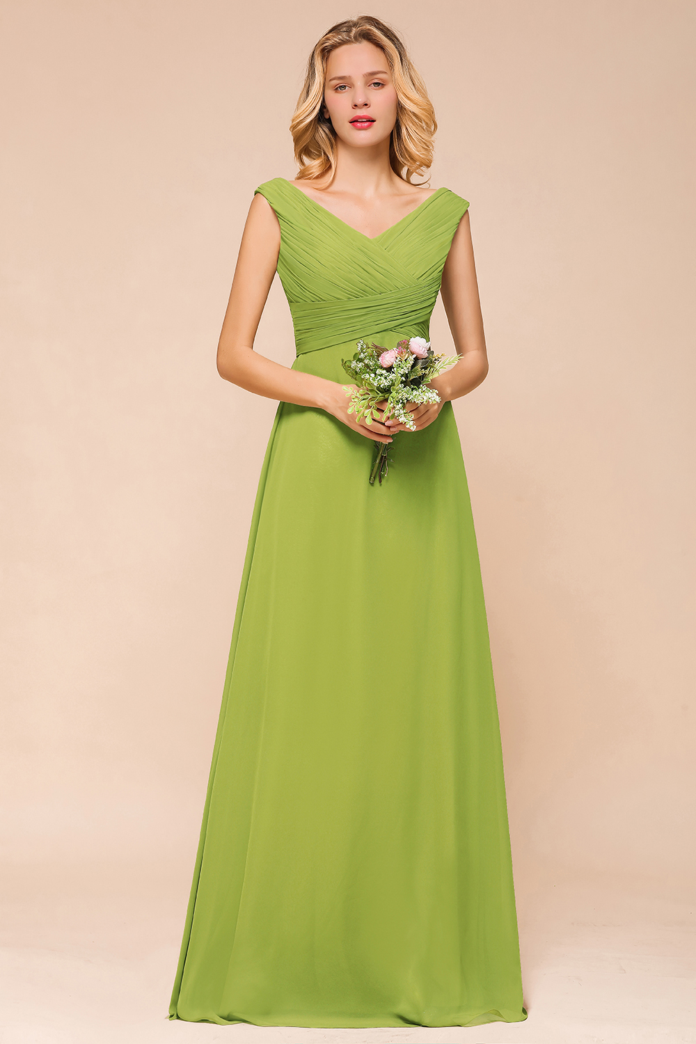 Long A-line V-neck Chiffon Green Bridesmaid Dress
