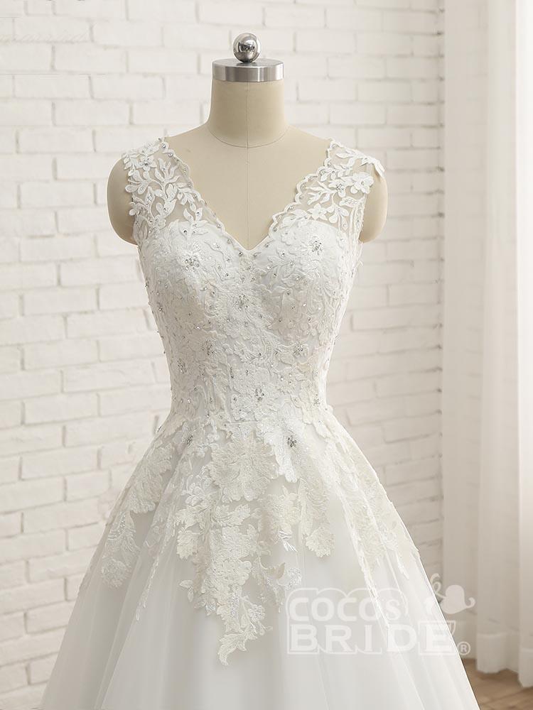 Elegant Long A-line V-Neck Lace Tulle Lace Wedding Dresses