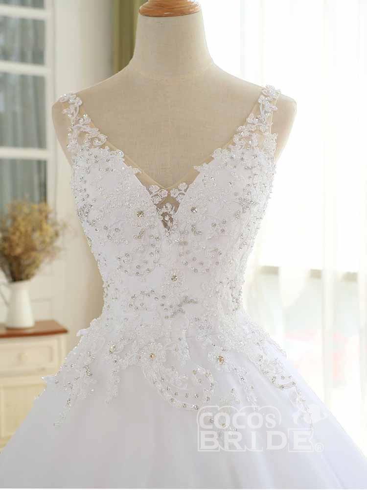 Modest White Long A-line V-Neck Tulle Lace-up Wedding Dresses