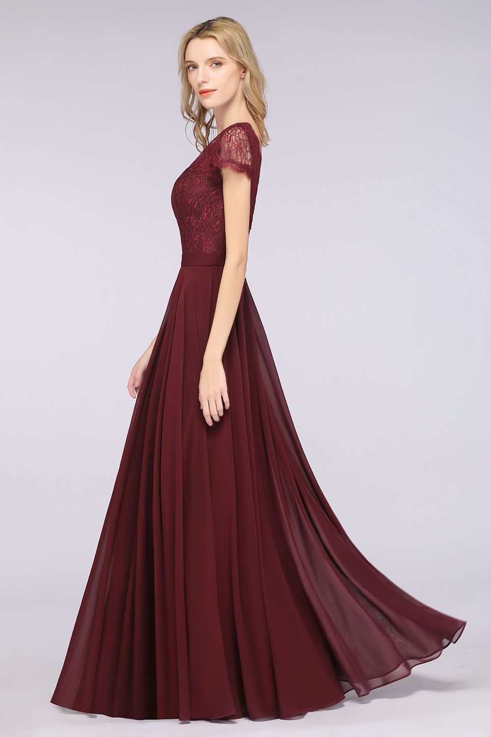 A-Line Chiffon Lace V-Neck Cap-Sleeves Floor-Length Bridesmaid Dress