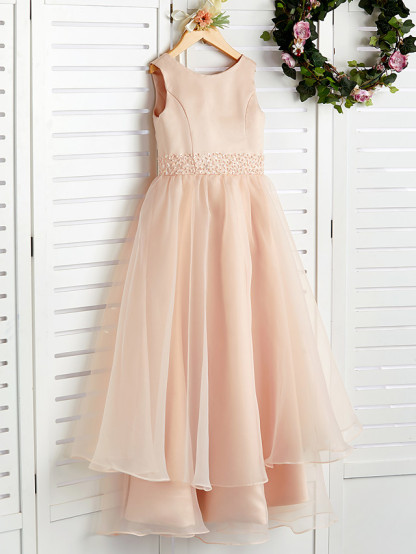 A-Line Jewel Neck Ankle Length Organza / Satin Junior Bridesmaid Dress With Beading / Tier