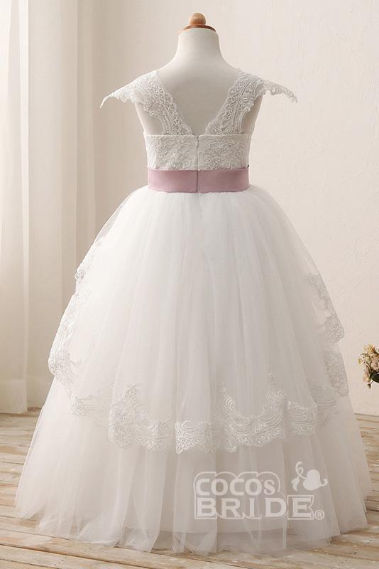 White Square Neck Cap Sleeves Ball Gown Flower Girls Dress