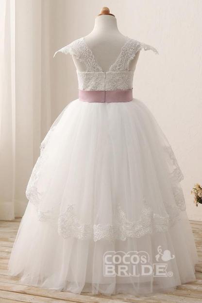 White Square Neck Cap Sleeves Ball Gown Flower Girls Dress