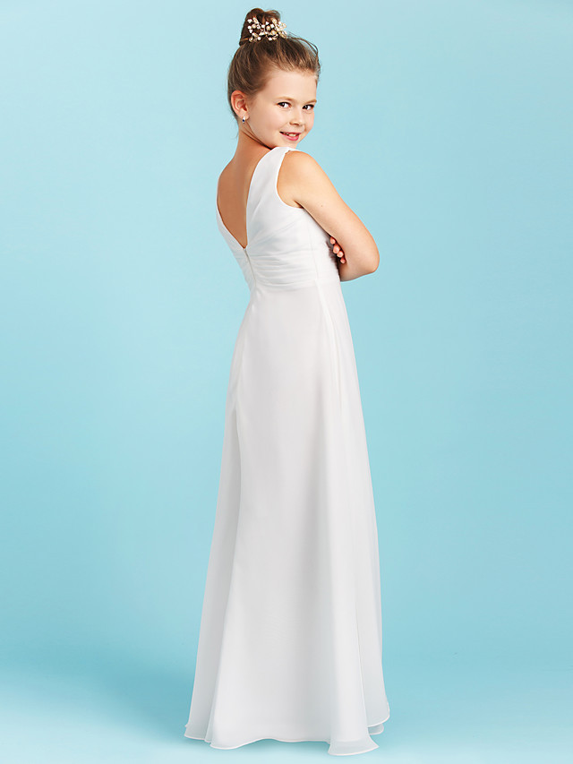 Sheath / Column Jewel Neck Floor Length Chiffon Junior Bridesmaid Dress With Pleats / Ruched / Wedding Party / Open Back