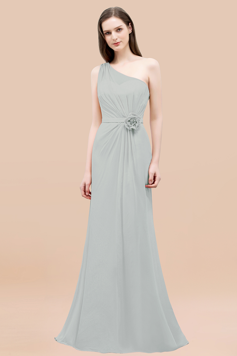 Mermaid Chiffon One-shoulder Sleeveless Ruffled Floor-Length Bridesmaid Dresses with Flower