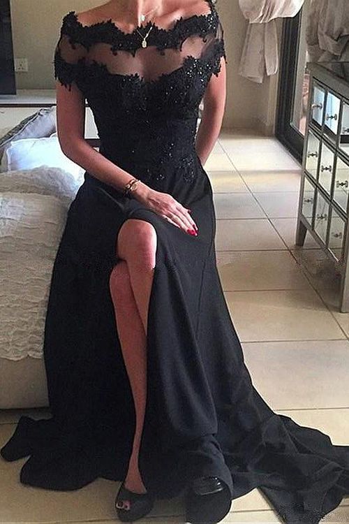 Amazing Black Off-the-shoulder Lace Floor-length Prom Dress WIth Side Slit